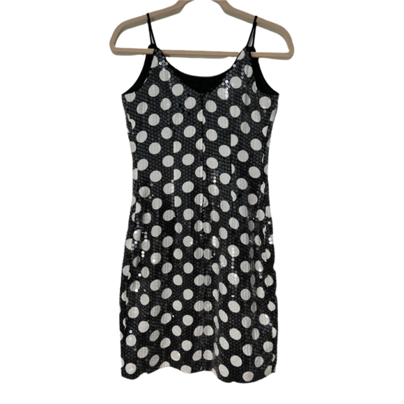 Sophisticate Bodycon Sheath Dress Black w/White Polka Dots & Sequins Size 9/10 - Picture 3 of 5